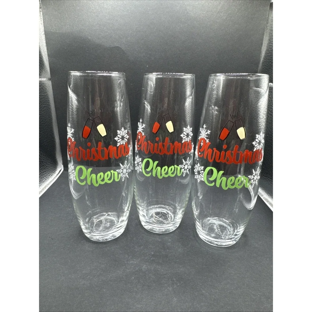 Set Of 3 Christmas Cheer Stemless Flute Wine Glasses 6